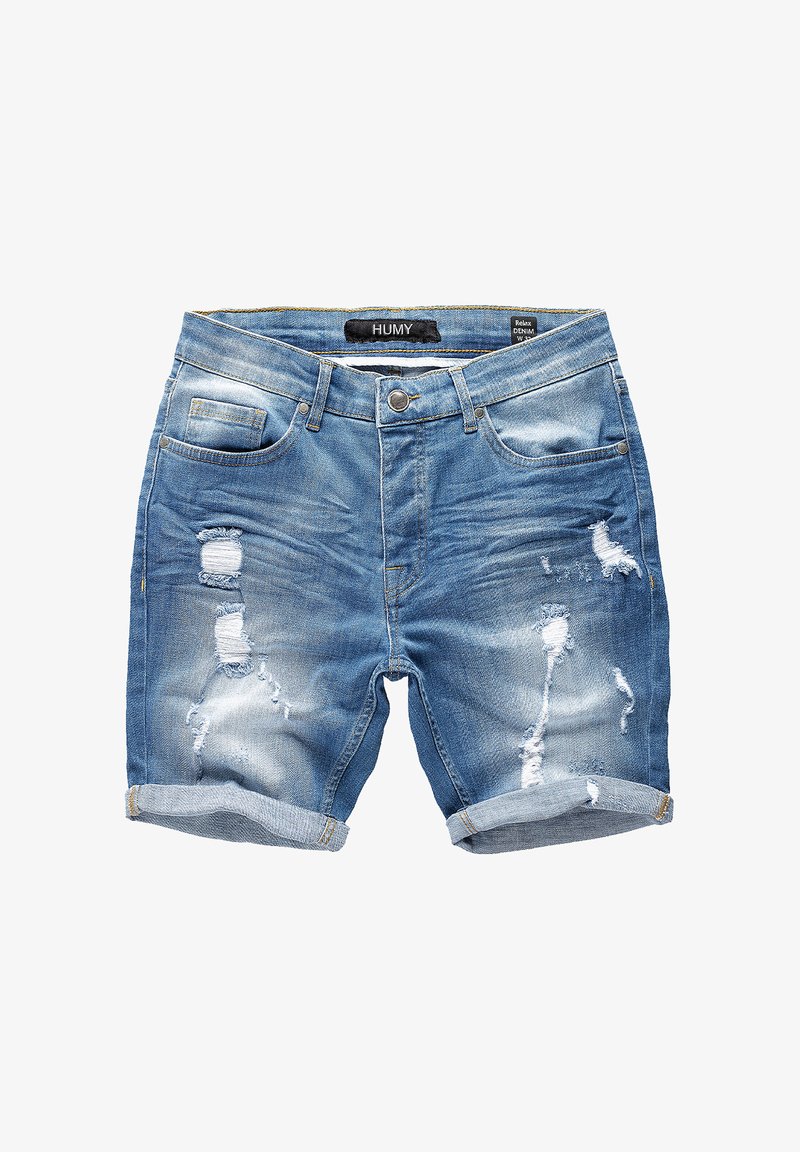 Hellblaue Jeansshorts mit fransigem Saum und distressed Flecken, ausgestattet mit fünf Taschen und einem Knopfverschluss.