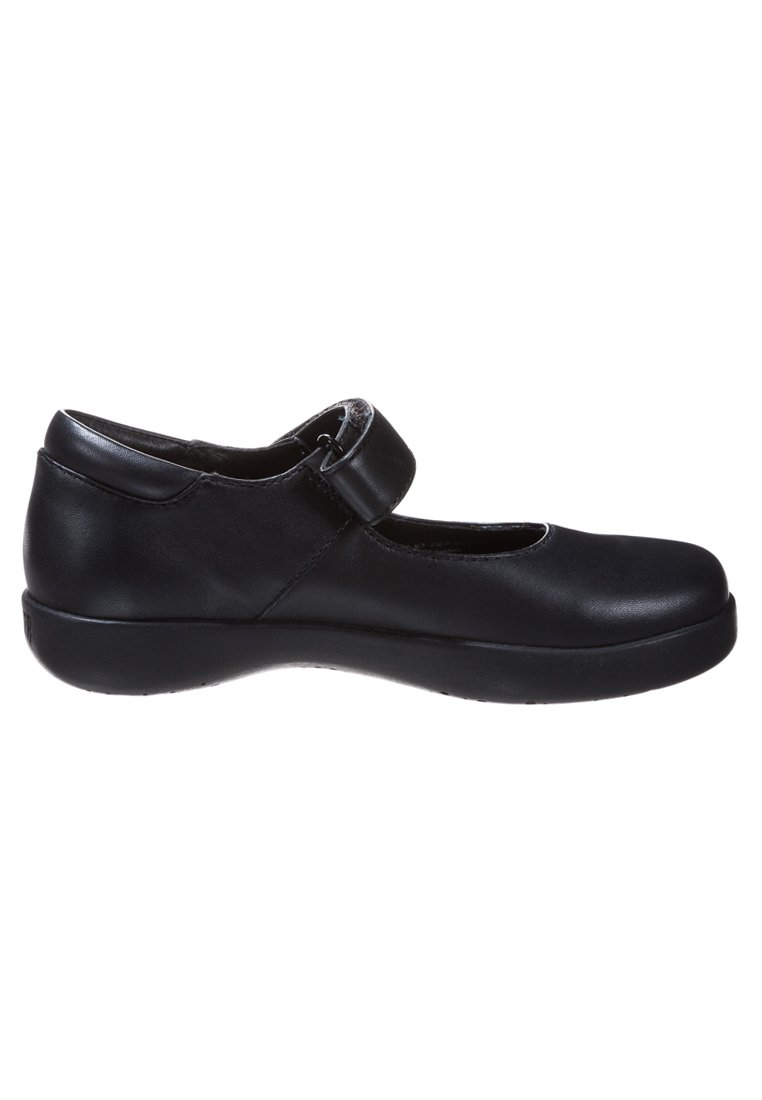 Zapato negro tipo Mary Jane hecho de cuero suave, con punta redonda, correa ajustable y suela de goma gruesa para mayor comodidad.