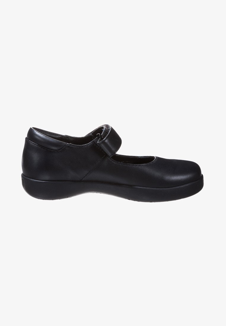 Scarpa Mary Jane nera realizzata in pelle liscia, con punta rotonda, cinturino regolabile e suola spessa in gomma per il massimo comfort.