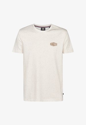 Lichtbeige t-shirt met een gespikkelde textuur, korte mouwen, een ronde hals en een klein bruin logo op de borst.