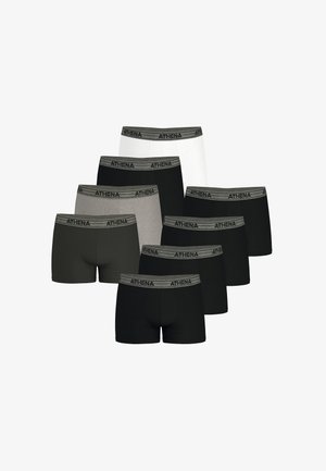 Boxers hommes noirs, gris et blancs avec une texture lisse et une ceinture élastique arborant le logo "ATHENA". Ensemble de neuf dans des couleurs variées.