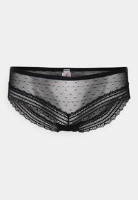 Must musta pikkpüksid musta võrguga, millel on täpiline muster, pitsäär ja lai elastne vöökoht. Materjal näib kerge ja läbipaistev.