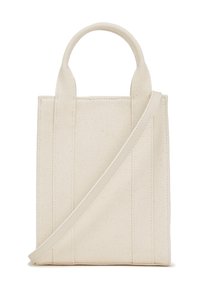 Borsa tote in canvas di colore naturale, con manici corti e una tracolla removibile, caratterizzata da cuciture a punto e una forma rettangolare strutturata.