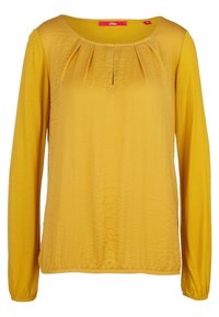 Långärmad, gul blus med rundad halsringning och veck framtill. Mjuk textur med en elastisk nederkant för en figurnära passform.