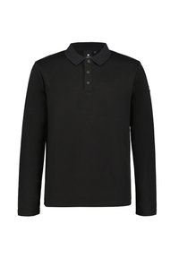 Svart långärmad pikétröja med krage, treknappsknäppning och slät yta. Inga synliga mönster eller detaljer.