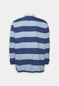 Långärmad pikétröja i bomull med växlande horisontella ränder i marinblått och ljusblått, med vit krage.