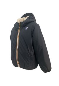 Giacca nera con cappuccio e fodera in pile, zip multicolore a righe, polsi elasticizzati, tasche laterali e logo K-Way sul petto.