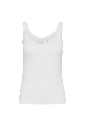 White tank top made of soft cotton, featuring a scalloped lace trim along the neckline and straps, with a fitted silhouette.