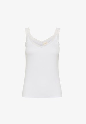 Top alb din bumbac moale, cu un detaliu de dantelă cu margine ondulată de-a lungul gâtului și bretelelor, având o siluetă ajustată.