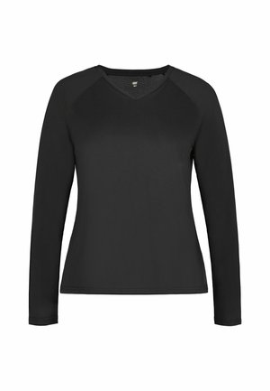 Maglia nera a maniche lunghe con scollo a V, silhouette aderente e maniche raglan, mostrata frontalmente su sfondo bianco.