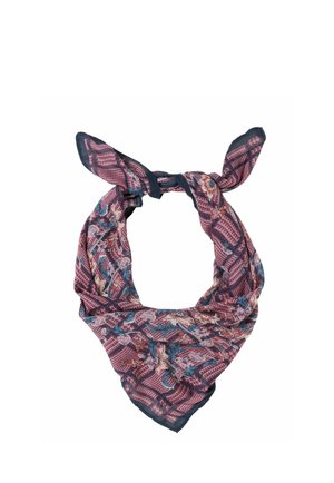 Square scarf tied in a knot, patterned with pink and purple stripes and floral designs, dark blue edged before the knot ends.