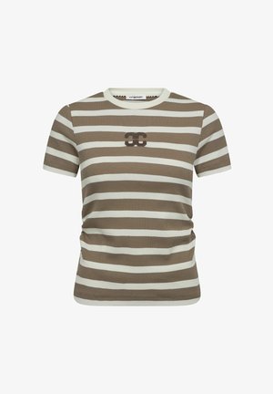 Rövid ujjú, bézs és fehér vízszintes csíkos kötött felső kerek nyakkal és kis hímzett logóval a mellkason.