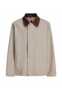 Veste beige avec col en velours côtelé marron, boutons-pression à l'avant et manches longues, présentée sur un fond blanc.