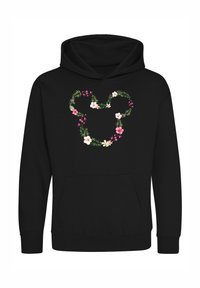 Felpa nera con cappuccio caratterizzata da un design a cuore floreale composto da fiori rosa e bianchi e foglie verdi. Include una tasca frontale.