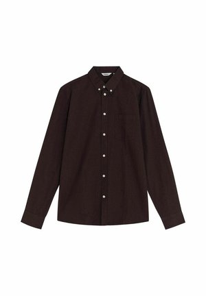Langsleeve, donkerbruine button-up shirt gemaakt van katoen. Heeft een klassieke kraag, een borstzak en witte knopen langs de knoopsluiting.