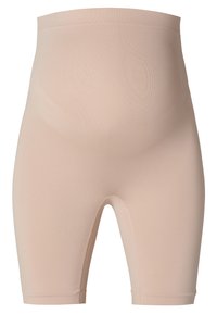 Beige graviditetsshorts med høj talje, sømløst design, glat tekstur og længde til midten af låret, velegnet til støtte under graviditeten.