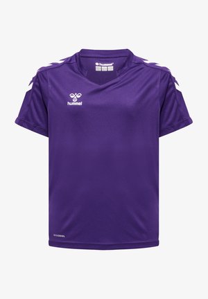 Maglia sportiva viola con maniche corte, design a scollo a V e accenti bianchi sulle spalle. Realizzata in tessuto liscio e traspirante.