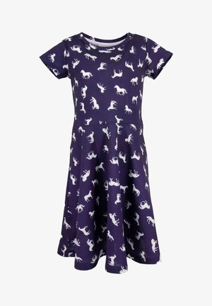 Dunkelblaues kurzärmliges Kleid mit weißen Pferdesilhouetten, die überall aufgedruckt sind, mit einem runden Ausschnitt und einem ausgestellten Rock.