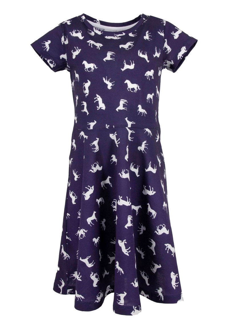 Námořnické modré šaty s krátkým rukávem se siluetami bílých koní po celém povrchu, s kulatým výstřihem a rozšířenou sukní.