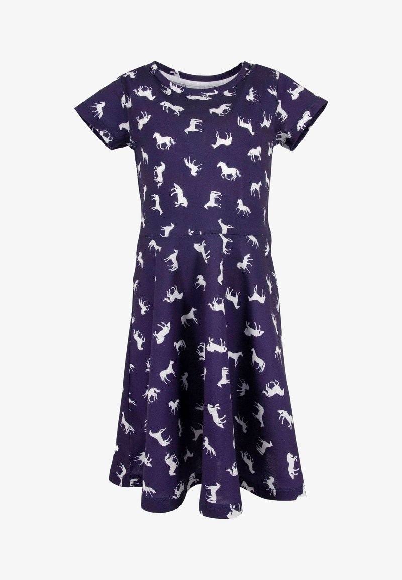 Námořnické modré šaty s krátkým rukávem se siluetami bílých koní po celém povrchu, s kulatým výstřihem a rozšířenou sukní.