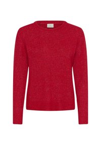 Czerwony sweter z długim rękawem, wykonany z miękkiego dzianiny, z okrągłym dekoltem i ściągaczem na dole. Prosty design bez wzorów czy ozdób.