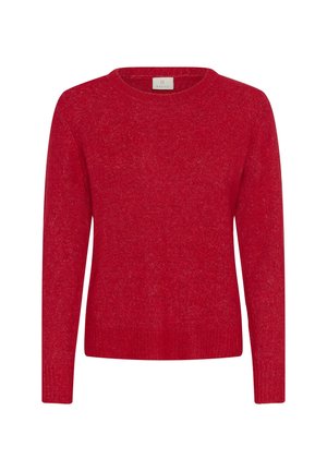 Suéter rojo de manga larga hecho de un material de punto suave, con cuello redondo y dobladillo acanalado. Diseño simple sin patrones ni adornos.