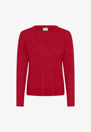 Červený svetr s dlouhými rukávy vyrobený z měkkého pleteného materiálu s kulatým výstřihem a pružným lemem. Jednoduchý design bez vzorů nebo ozdob.