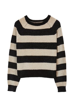 Maglione a righe con scollatura tonda, caratterizzato da righe orizzontali alternate in nero e crema, tessuto a maglia testurizzata e polsini a costine.