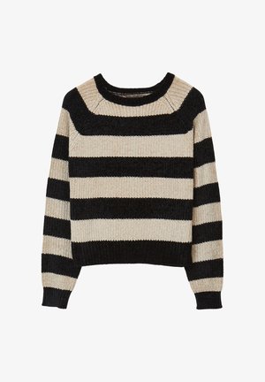Maglione a righe con scollatura tonda, caratterizzato da righe orizzontali alternate in nero e crema, tessuto a maglia testurizzata e polsini a costine.