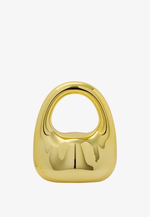 Guldfarvet skulpturelt objekt med en rund bund og en langstrakt, oval åbning øverst, der har en glat, reflekterende overflade.