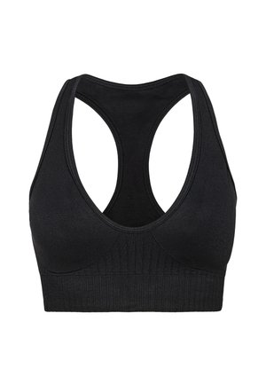 Zwarte sportbh met een ribbelband, racerback ontwerp, elastische stof en gladde textuur, met een ronde halslijn en open rug.