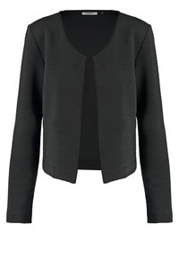 Černý cardigan vyrobený z texturované, žebrované látky. Má dlouhé rukávy, otevřený přední díl a jednoduchý design bez knoflíků nebo kovových prvků.