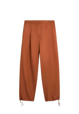 Pantaloni color ruggine a vestibilità ampia con vita elastica e coulisse alle estremità di ogni gamba, mostrati su sfondo bianco.