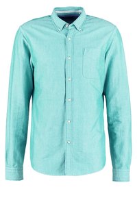Langärmeliges Hemd mit Knopfleiste, helltürkisfarbiger Stoff mit strukturierter Oberfläche, mit Brusttasche und klassischem Kragen.