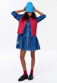 Červená prešívaná vesta, modrá pletená čiapka, džínsové šaty s vyšívaným psom a kvetinovými detailmi, čierne platformové topánky a červené ponožky.