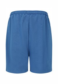 Siniset puuvillahousut, joissa on joustava vyötärönauha, sileä pinta ja suora leikkaus, ilman näkyviä taskuja tai muita yksityiskohtia.