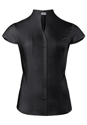 Blusa nera a maniche corte con colletto alla cinese, caratterizzata da una texture satinata liscia e sei bottoni frontali per la chiusura.