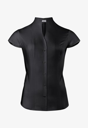 Schwarze Kurzarmbluse mit Mandarin-Kragen, aus glattem Satin- material mit sechs Knöpfen vorne zum Schließen.