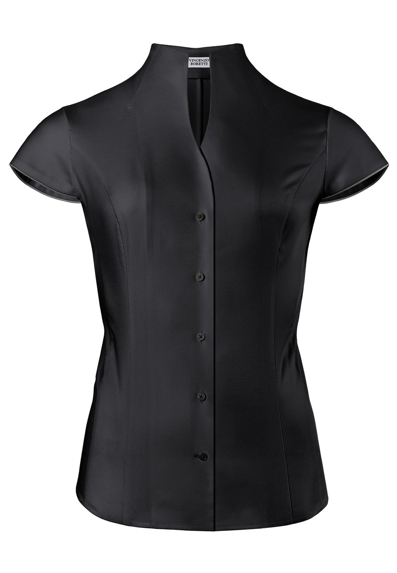 Blusa nera a maniche corte con colletto alla cinese, caratterizzata da una texture satinata liscia e sei bottoni frontali per la chiusura.