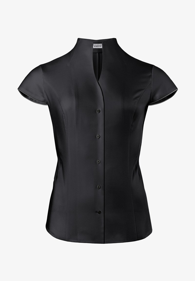 Blusa nera a maniche corte con colletto alla cinese, caratterizzata da una texture satinata liscia e sei bottoni frontali per la chiusura.