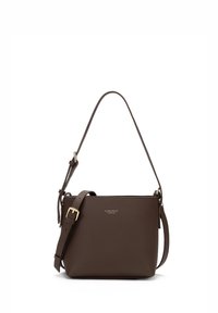 Brown leather shoulder bag with a textured finish, adjustable strap, and gold-tone hardware. Features a simple, rectangular shape.