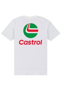 Bílá tričko s velkým kulatým zeleným logem s červeným a bílým akcentem a se slovem "Castrol" tučně vytištěným pod logem.