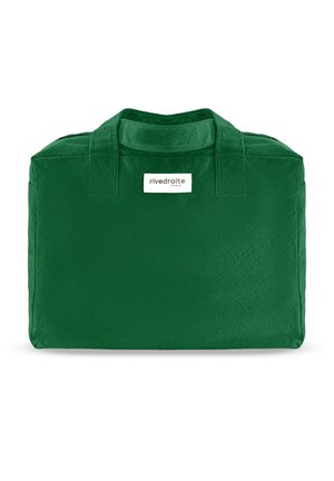Sac fourre-tout rectangulaire en tissu doux vert avec deux poignées courtes et une étiquette blanche portant l'inscription "rivedroite PARIS" sur le devant.