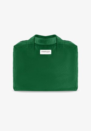 Sac fourre-tout rectangulaire en tissu doux vert avec deux poignées courtes et une étiquette blanche portant l'inscription "rivedroite PARIS" sur le devant.