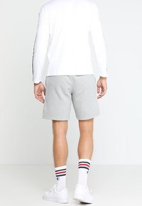 Szare bawełniane szorty z elastycznym paskiem, noszone z białymi trampkami i w paskowane skarpetki. Modelka widoczna jest z tyłu.