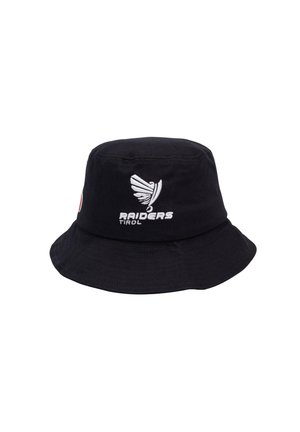 Sort bucket hat lavet af bomuld med bred skygge. Har hvidt broderet logo og teksten "RAIDERS TIROL" på forsiden. Mat tekstur.
