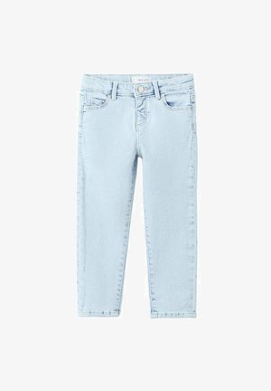 Pantaloni in denim azzurro chiaro con vestibilità slim, dotati di chiusura con bottoni, design a cinque tasche e leggero scolorimento per un aspetto casual.