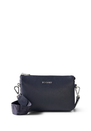 Marineblaue Leder-Umhängetasche mit silbernem Reißverschluss, Metall-Logo und abnehmbarem dunklem Stoffriemen mit Metallverschluss.