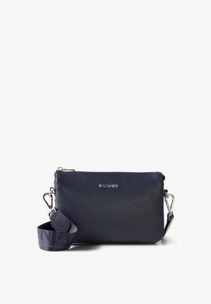 Marineblaue Leder-Umhängetasche mit silbernem Reißverschluss, Metall-Logo und abnehmbarem dunklem Stoffriemen mit Metallverschluss.