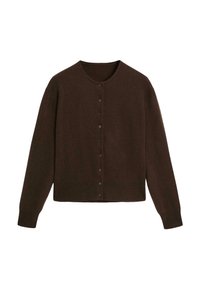 Dark brown long-sleeve button-up cardigan with a round neckline, ribbed cuffs, and hem.
